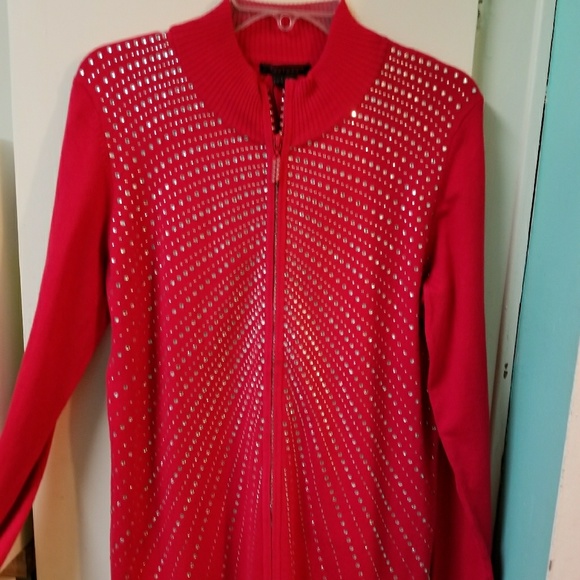 Red rhinestone zip frton sweater, L, NWT - Picture 2 of 8